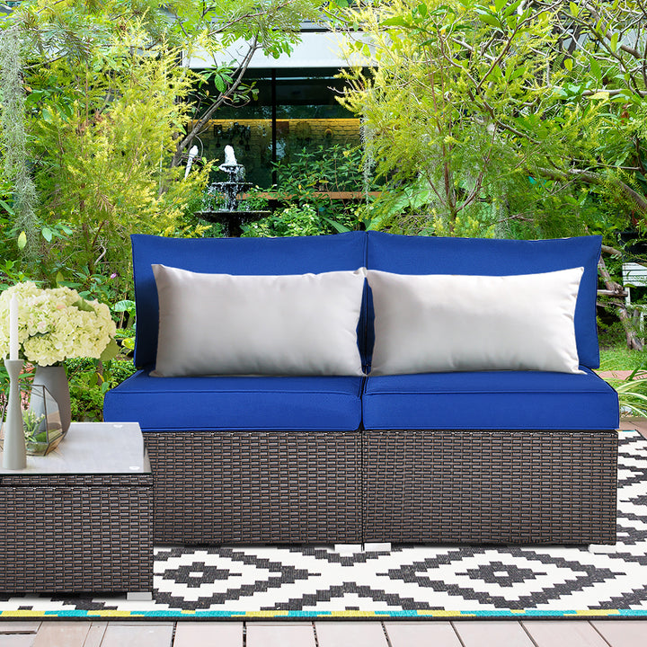 2PCS Patio Rattan Armless Sofa Sectional Furniture W/Navy Cushion Image 2