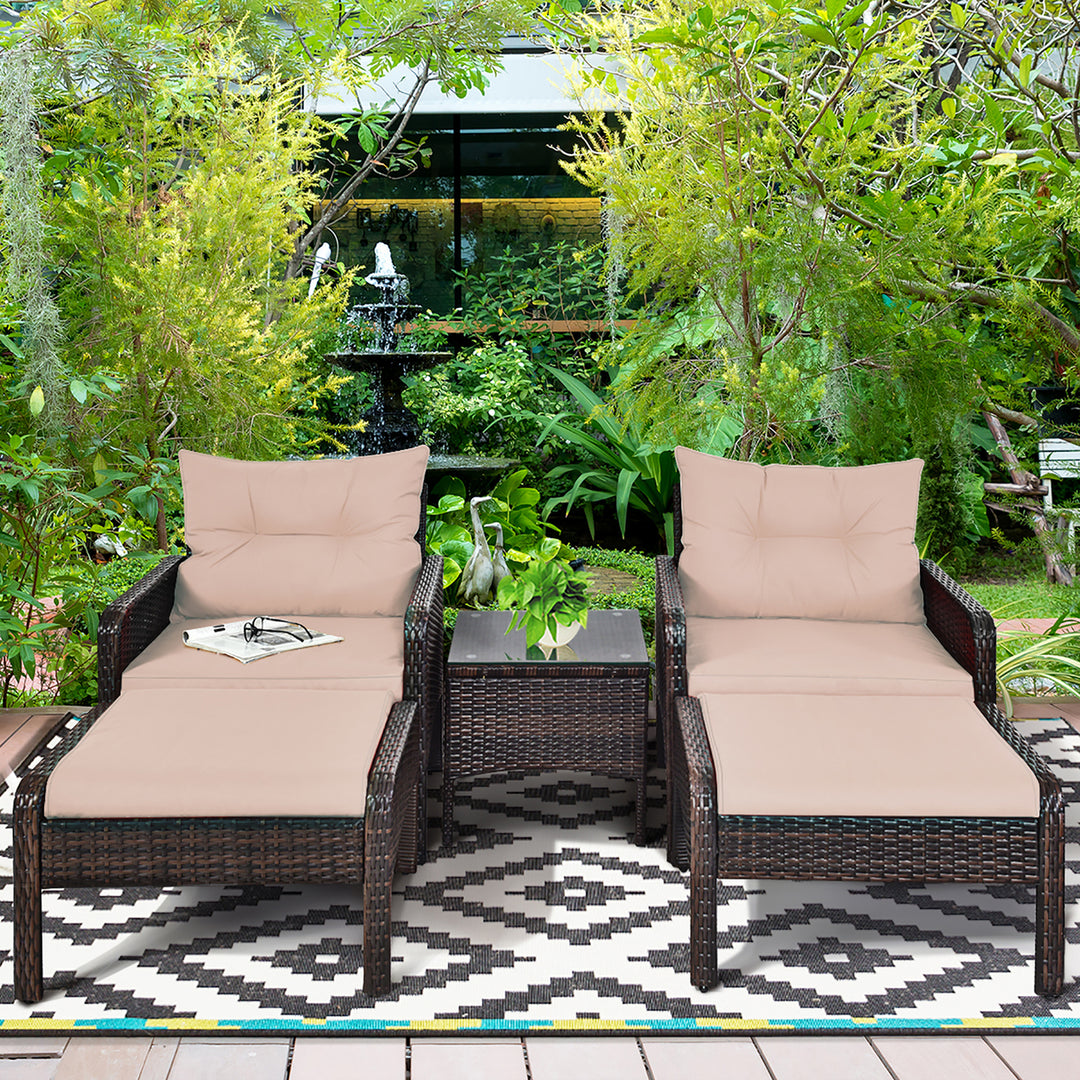 5 PCS Patio Rattan Wicker Furniture Set Sofa Ottoman Coffee Table Cushioned Yard Image 3