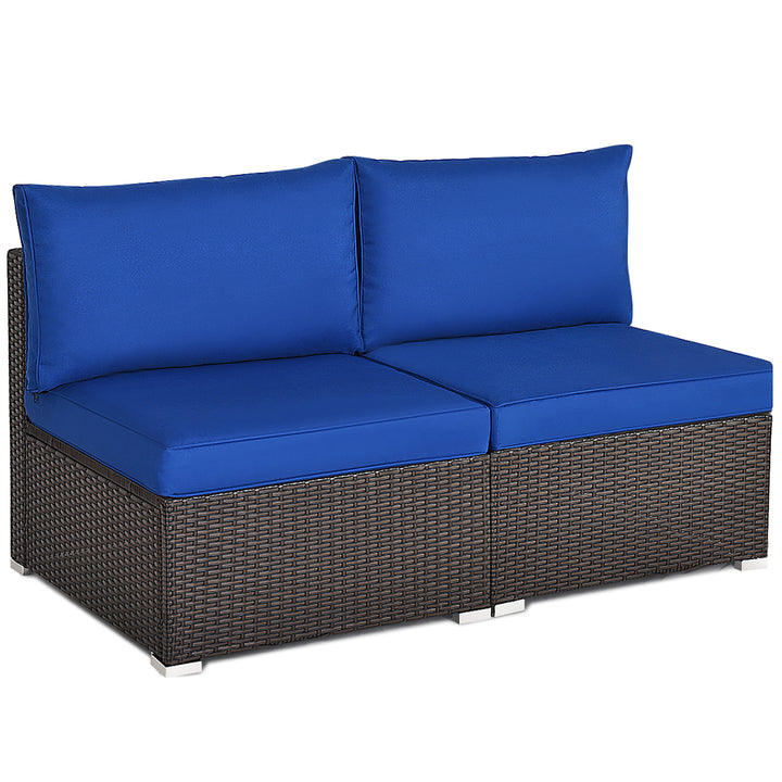 2PCS Patio Rattan Armless Sofa Sectional Furniture W/Navy Cushion Image 3