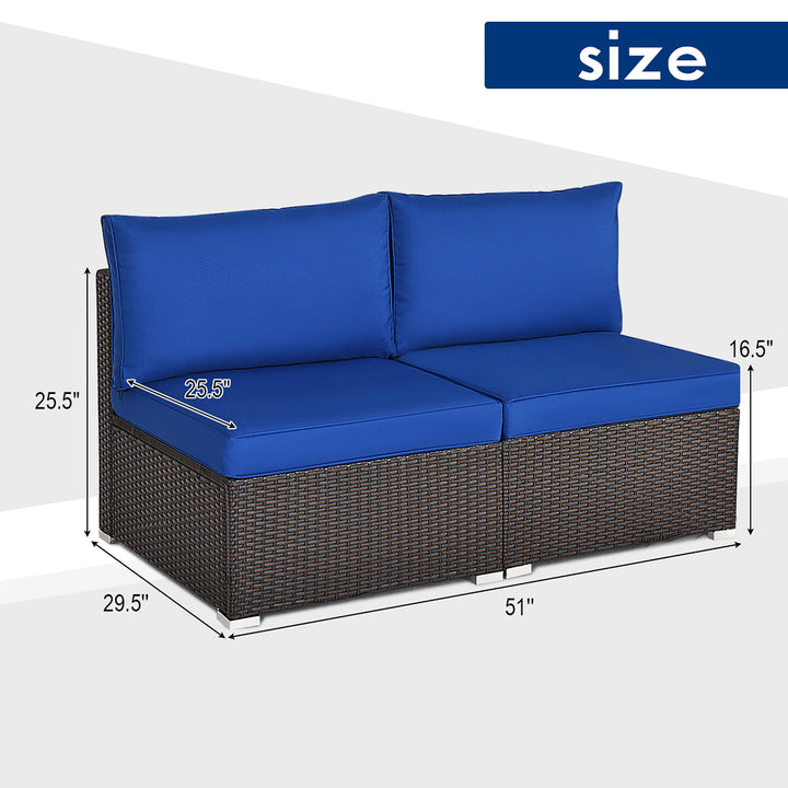 2PCS Patio Rattan Armless Sofa Sectional Furniture W/Navy Cushion Image 4