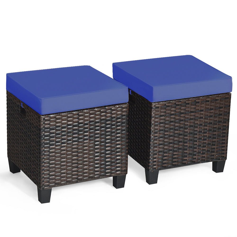 2PCS Patio Rattan Ottoman Cushioned Seat Foot Rest Coffee Table Furniture Garden Navy Image 2