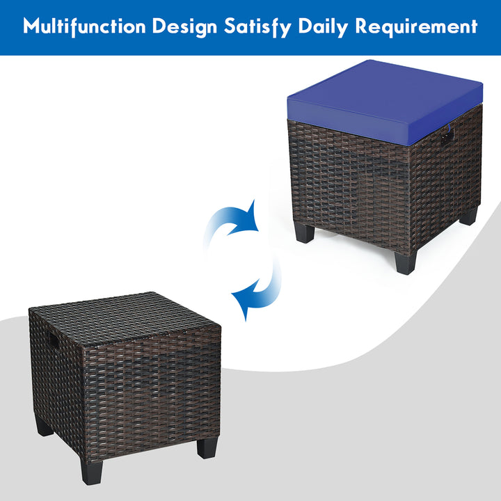 2PCS Patio Rattan Ottoman Cushioned Seat Foot Rest Coffee Table Furniture Garden Navy Image 4