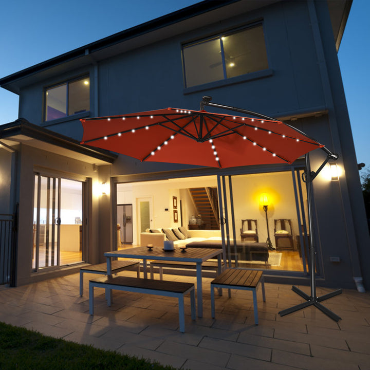 10FT Patio Offset Umbrella Solar LED 360degrees Rotation Orange Image 3