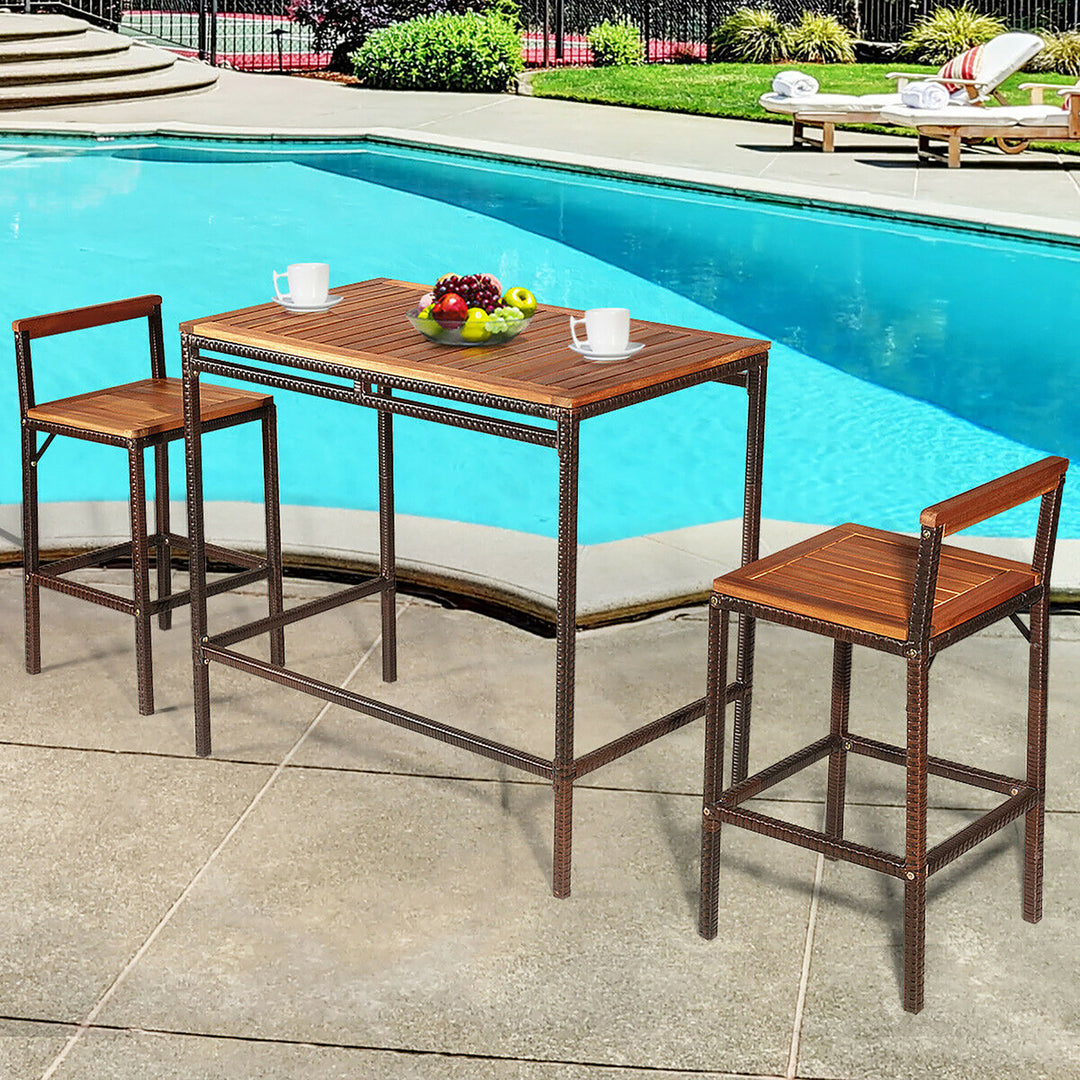 3 PCS Patio Rattan Wicker Bar wood Table Chair Outdoor Image 4