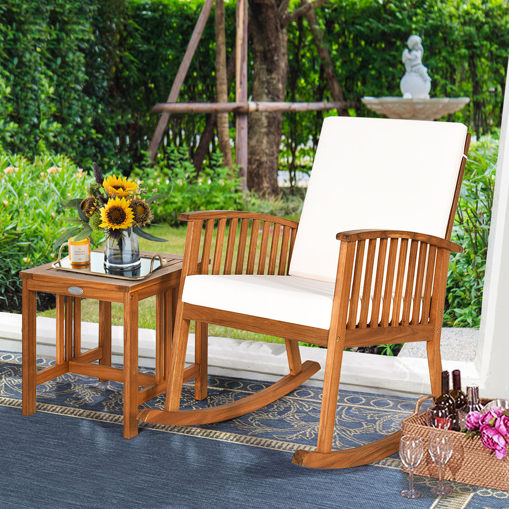 2PCS Acacia Wood Patio Rocking Chair Set Cushioned Coffee Table Image 2