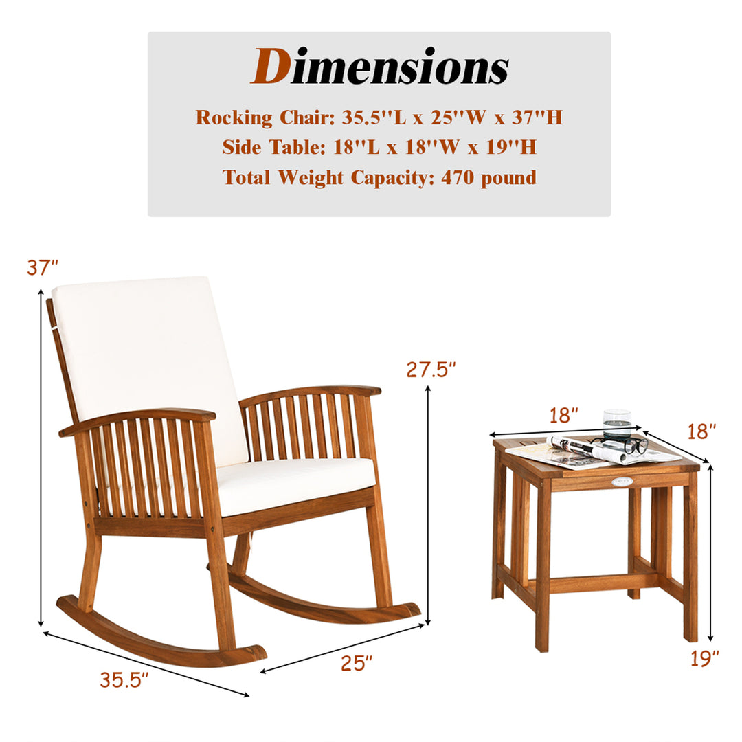 2PCS Acacia Wood Patio Rocking Chair Set Cushioned Coffee Table Image 3