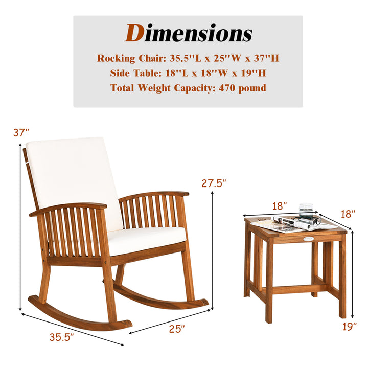 2PCS Acacia Wood Patio Rocking Chair Set Cushioned Coffee Table Image 3