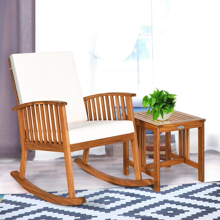 2PCS Acacia Wood Patio Rocking Chair Set Cushioned Coffee Table Image 4