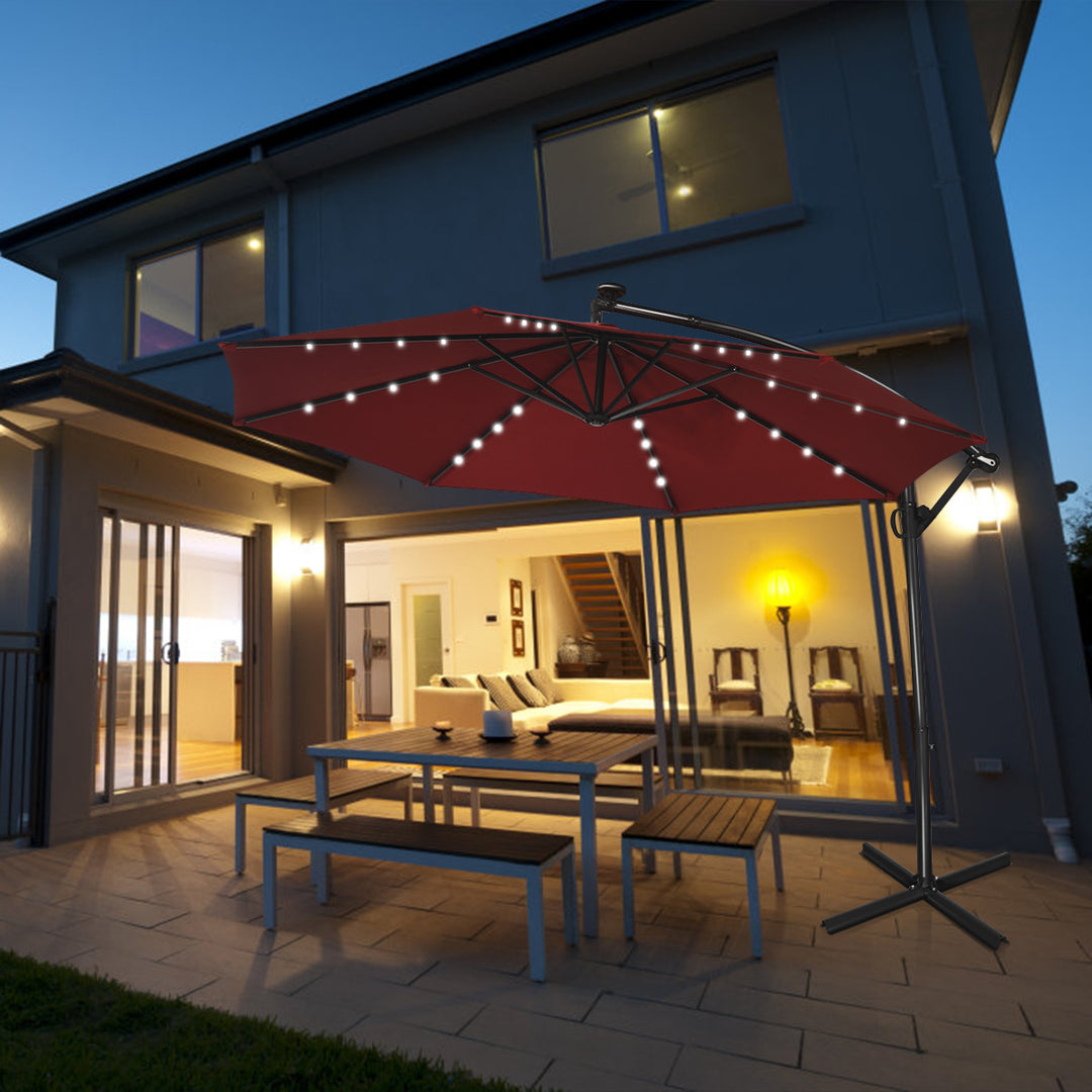 10FT Patio Offset Umbrella Solar LED 360degrees Rotation Burgundy Image 3