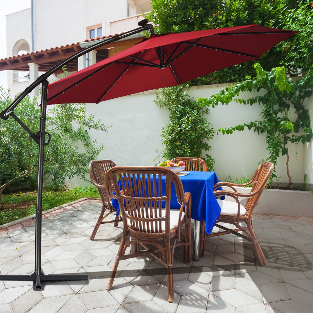 10FT Patio Offset Umbrella Solar LED 360degrees Rotation Burgundy Image 4