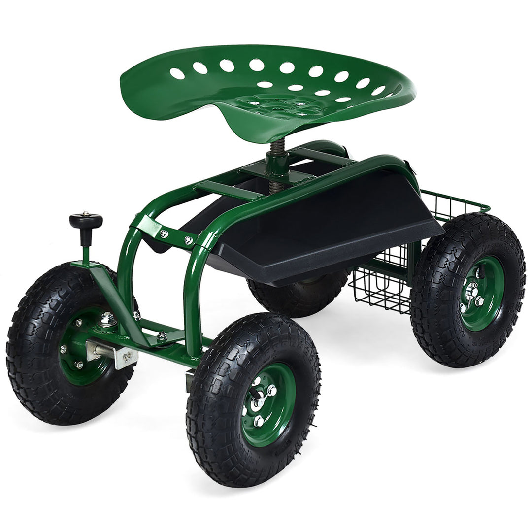 Garden Cart Rolling Work Seat w/ Tool Tray Basket Green Image 3