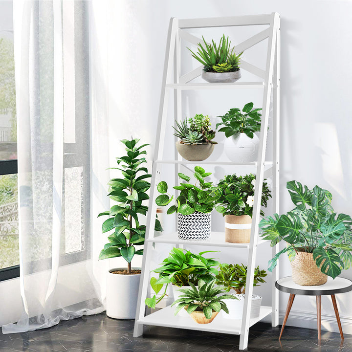 Set of 2 Ladder Shelf 4-Tier Bookshelf Bookcase Storage Display Plant Leaning Image 4