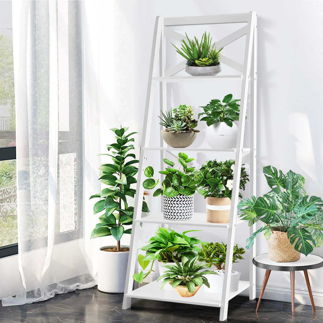 4-Tier Ladder Shelf Bookshelf Bookcase Storage Display Plant Leaning Shelf White Image 3