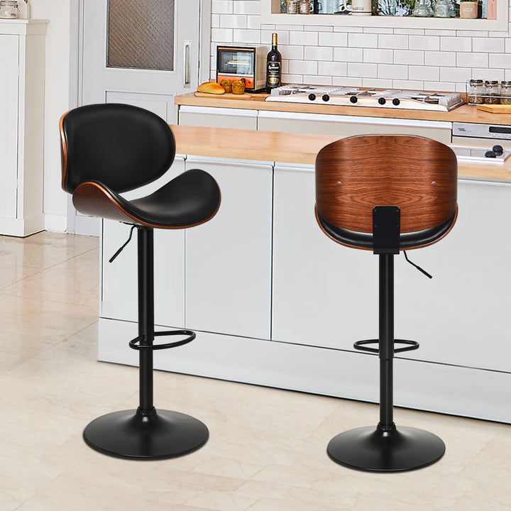 Set of 2 Bentwood Barstool Mid-Century Adjustable Swivel PU Leather Curved Back Image 4