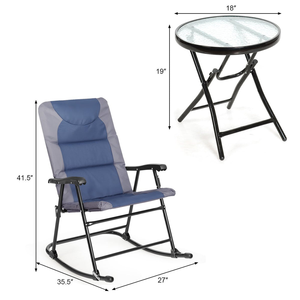 3PCS Folding Bistro Set Rocking Chair Cushioned Table Garden Blue Image 2