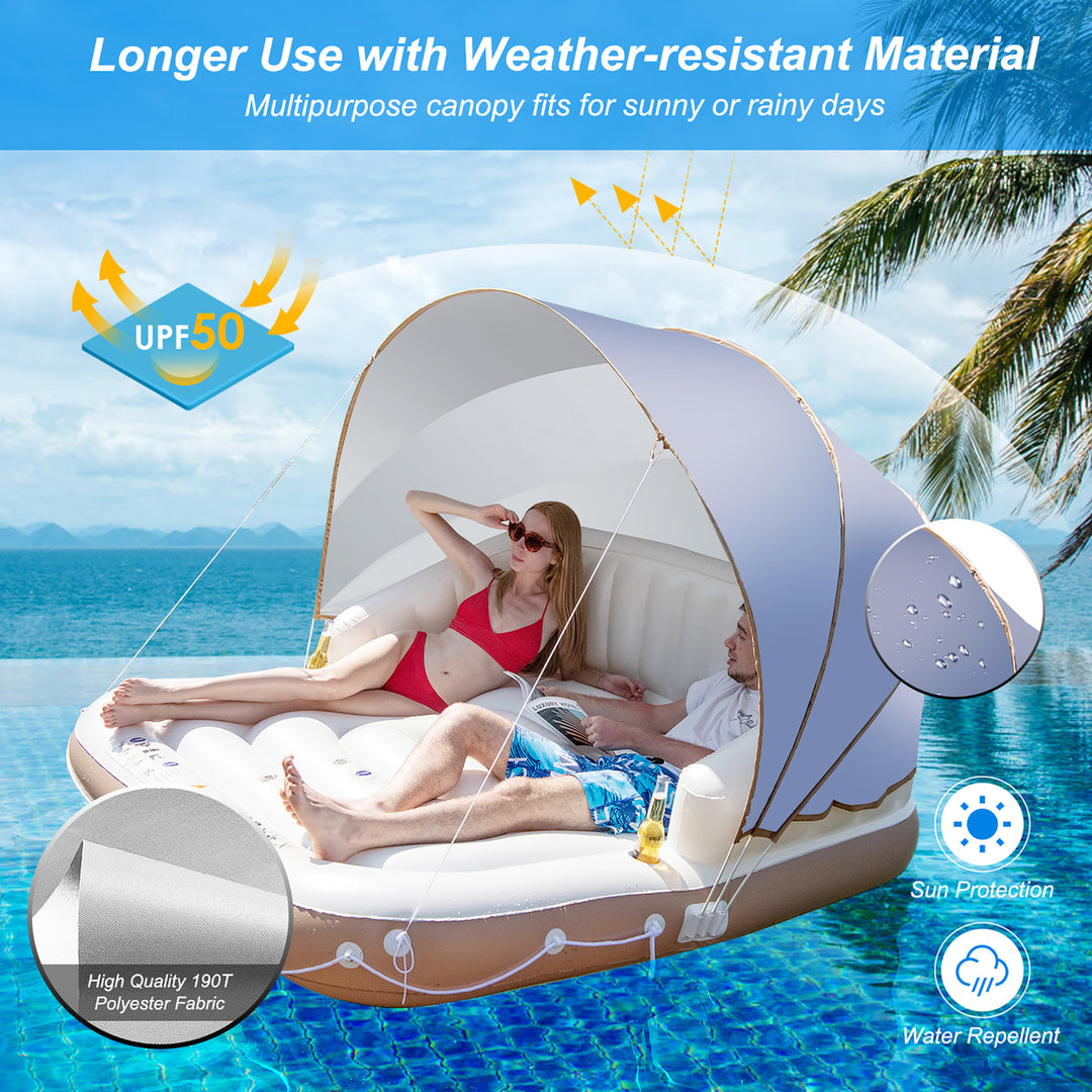 Floating Island Inflatable Swimming Pool Float Lounge Raft with Canopy SPF50+ Retractable Detachable Sunshade with Two Image 2