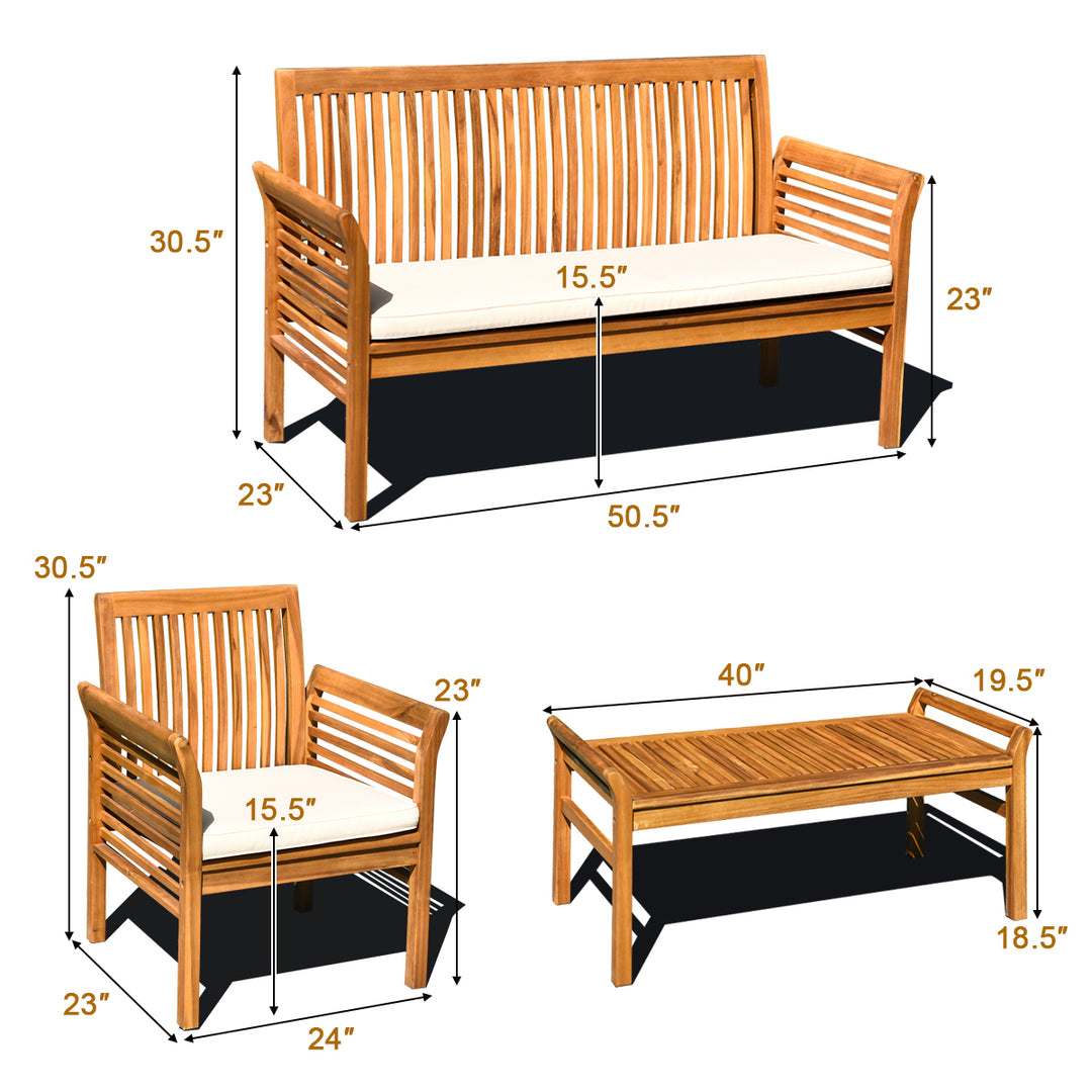 4 PCS Outdoor Acacia Wood Sofa Furniture Set Cushioned Chair Coffee Table Garden Image 3