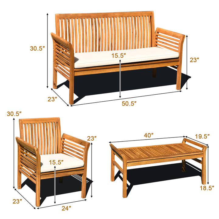 4 PCS Outdoor Acacia Wood Sofa Furniture Set Cushioned Chair Coffee Table Garden Image 3