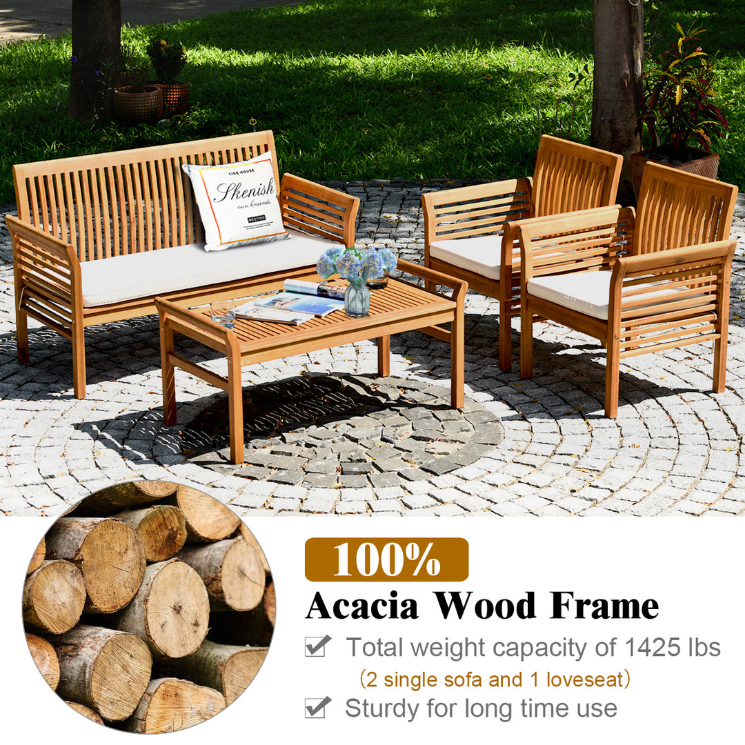 4 PCS Outdoor Acacia Wood Sofa Furniture Set Cushioned Chair Coffee Table Garden Image 4