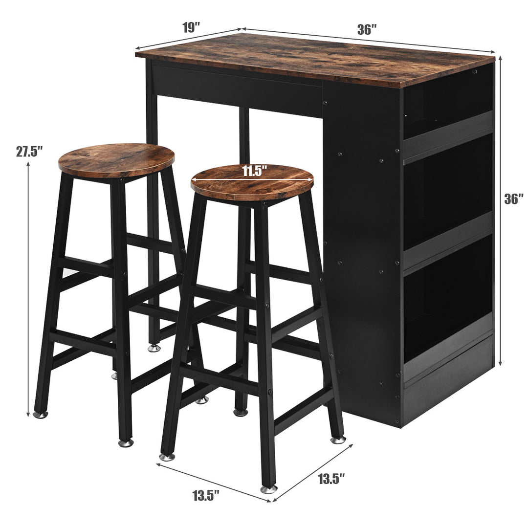 3 Pieces Bar Table Set Industrial Counter with Storage Black Image 2