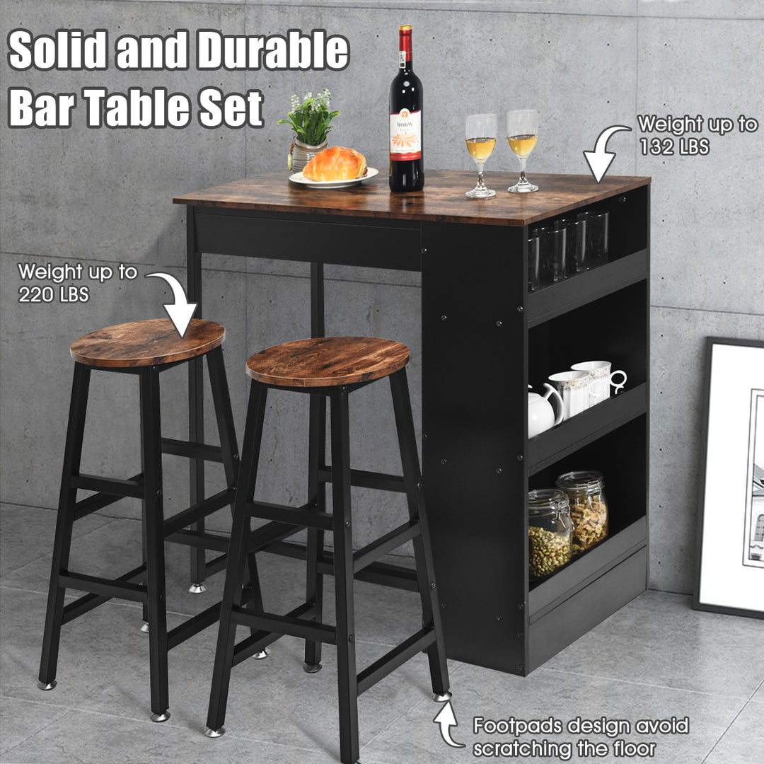 3 Pieces Bar Table Set Industrial Counter with Storage Black Image 4