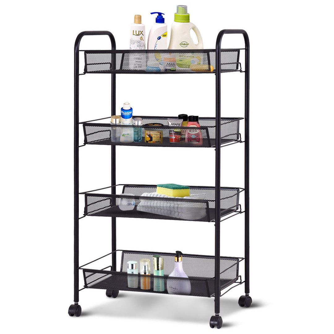 4 Tier Utility Storage Rack Trolley Cart Home Kitchen Organizer Baskets Black Image 4