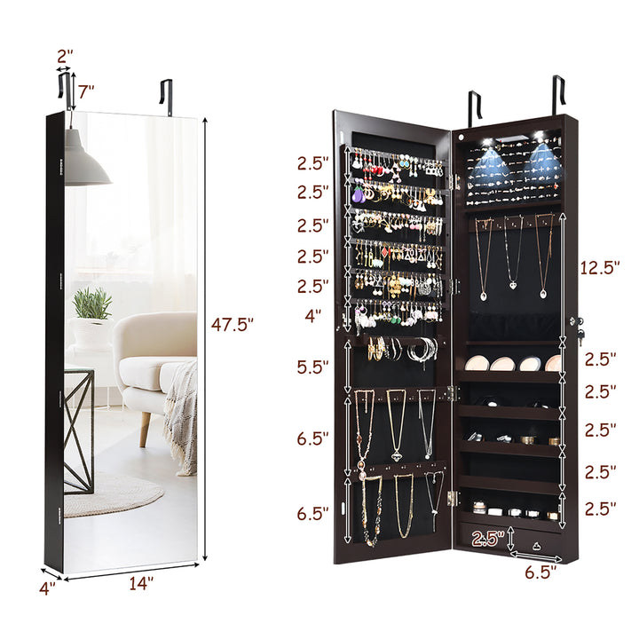 Mirrored Jewelry Cabinet Jewelry Organizer w/2 LED Lights Brown Image 3