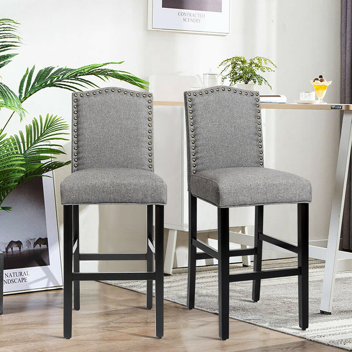 Set of 2 Bar Stools 30 Upholstered Kitchen Rubber Wood Full Back Chairs Gray Image 2