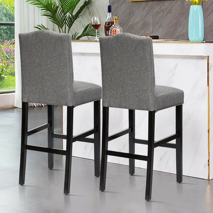 Set of 2 Bar Stools 30 Upholstered Kitchen Rubber Wood Full Back Chairs Gray Image 4