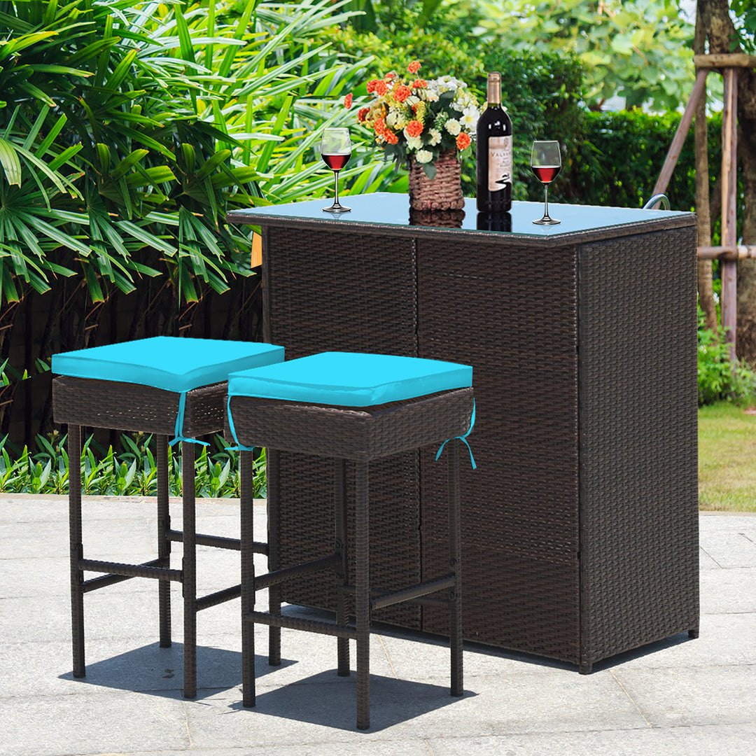 3PCS Patio Rattan Wicker Bar Table Stools Dining Set Cushioned Chairs Turquoise Image 2