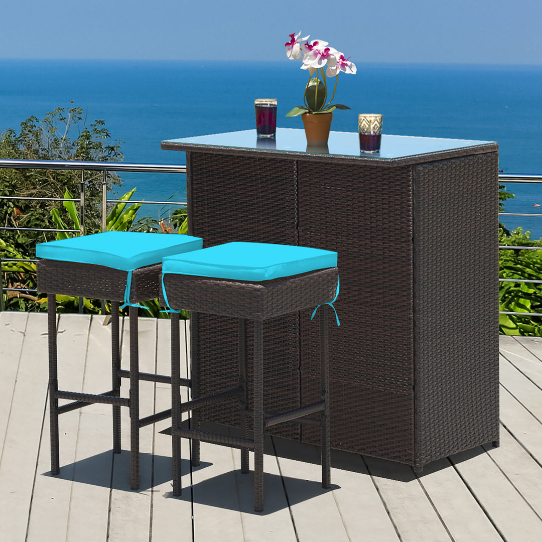 3PCS Patio Rattan Wicker Bar Table Stools Dining Set Cushioned Chairs Turquoise Image 4