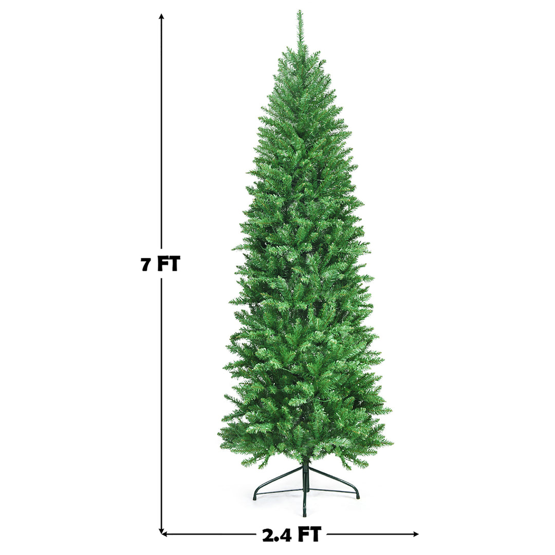 7Ft Pre-lit Artificial Pencil Christmas Tree Hinged Fir PVC Tree /350 LED Lights Image 5