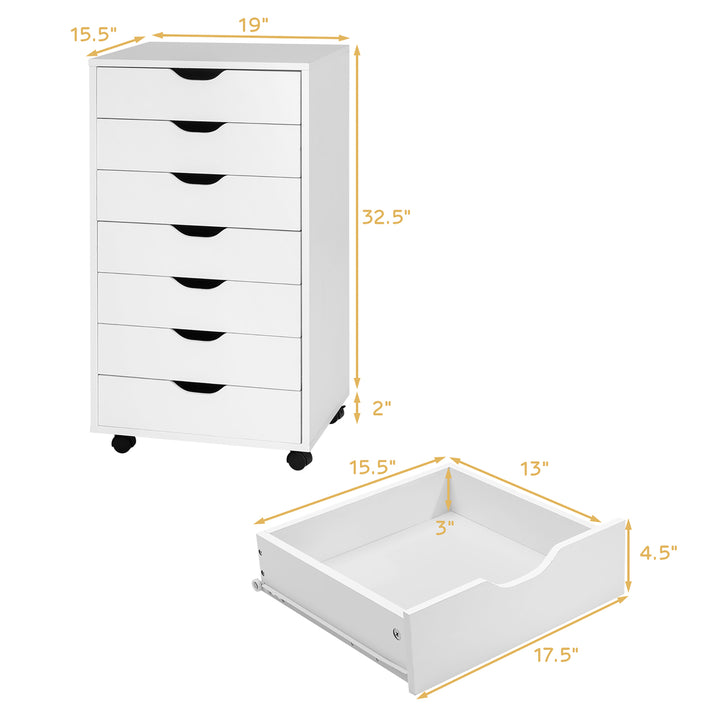 7 Drawer Chest Storage Dresser Floor Cabinet Organizer with Wheels White Image 3