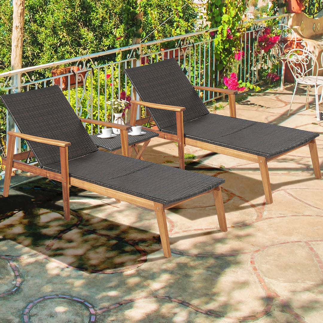 3PCS Patio Rattan Lounge Chair Chaise Set Wooden Frame Folding Table Image 2