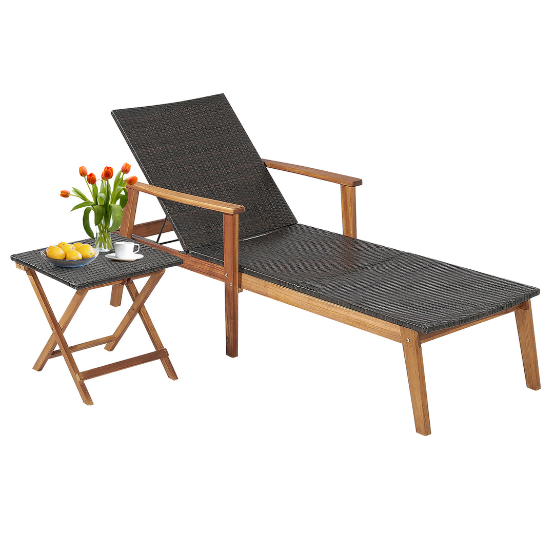 3PCS Patio Rattan Lounge Chair Chaise Set Wooden Frame Folding Table Image 4