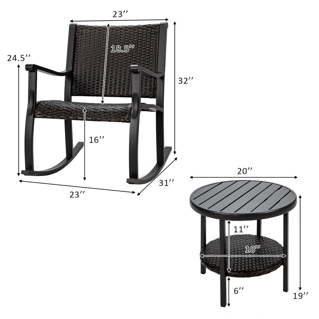 3PCS Patio Rattan Rocking Chair Bistro Set Coffee Table Storage Shelf Image 3