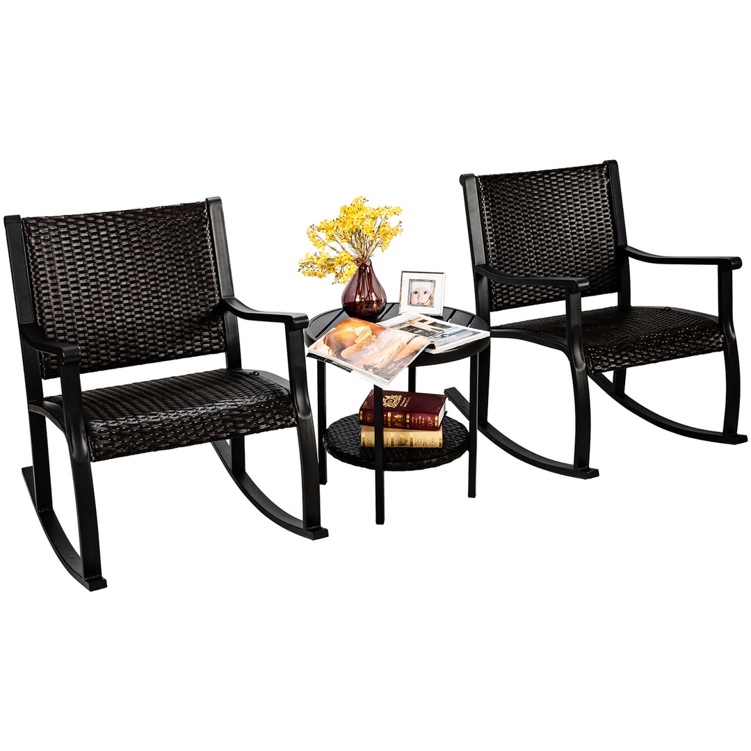 3PCS Patio Rattan Rocking Chair Bistro Set Coffee Table Storage Shelf Image 4