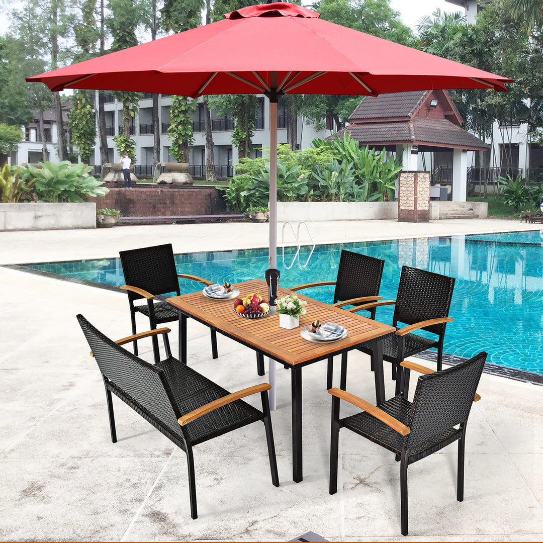 55 Patio Rattan Dining Table Acacia Wood Table Top Umbrella Hole Image 3