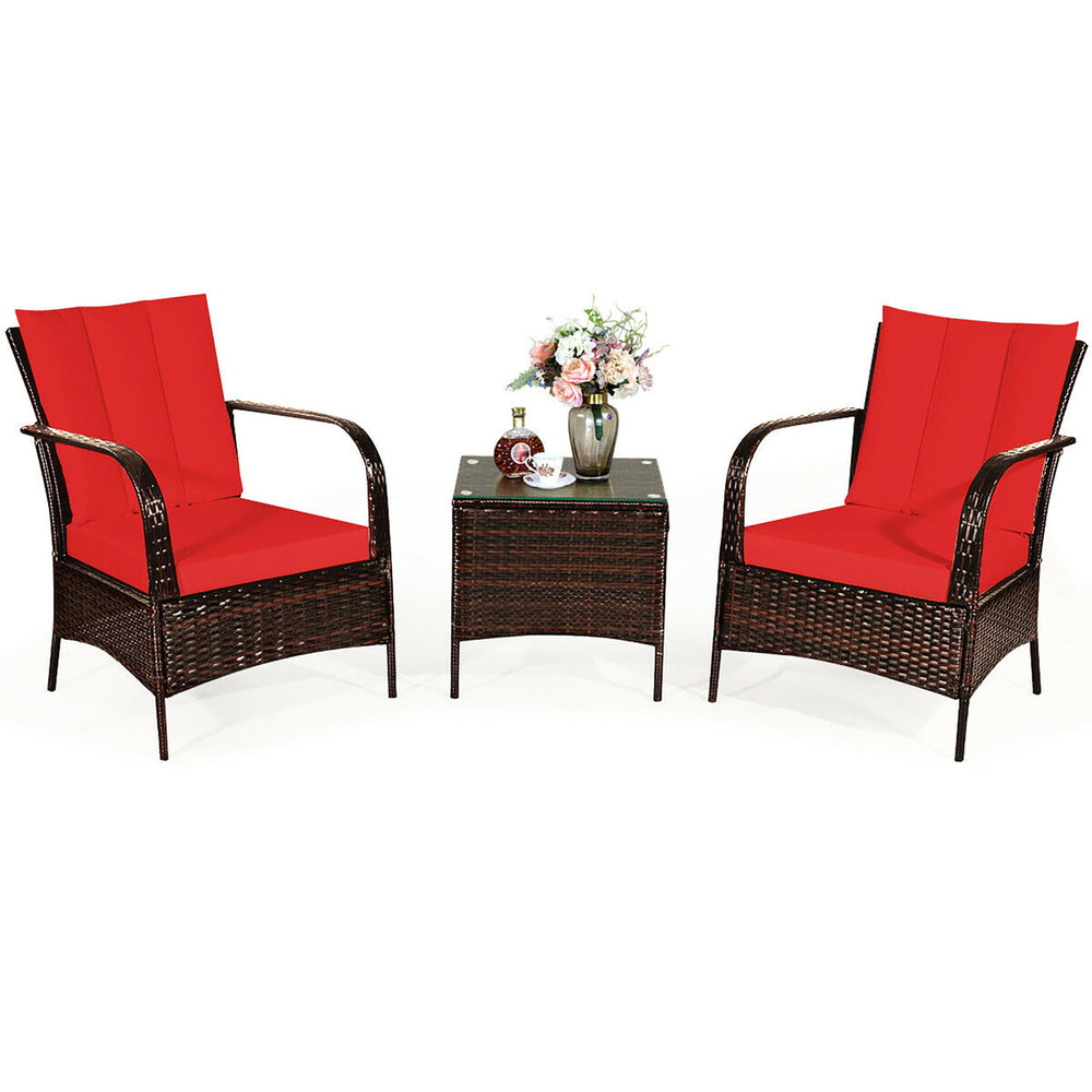 3 PCS Patio Rattan Furniture Set Coffee Table and 2 Rattan Chair W/Red Cushions Image 2