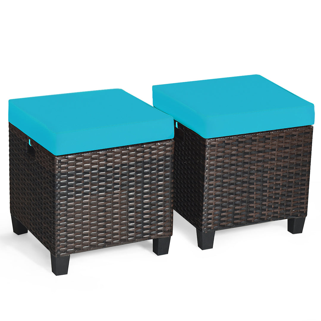 2PCS Patio Rattan Ottoman Cushioned Seat w/ Foot Rest Turquoise Image 2