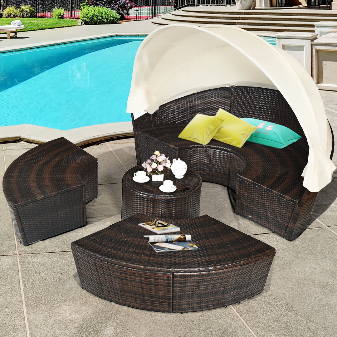 Patio Rattan Daybed Cushioned Sofa Adjustable Table Top Canopy 3 Pillows Image 3