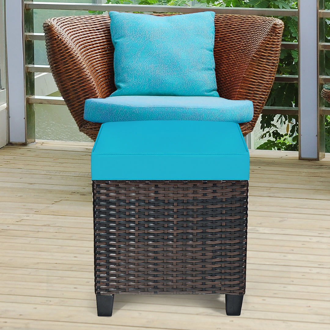 2PCS Patio Rattan Ottoman Cushioned Seat w/ Foot Rest Turquoise Image 4