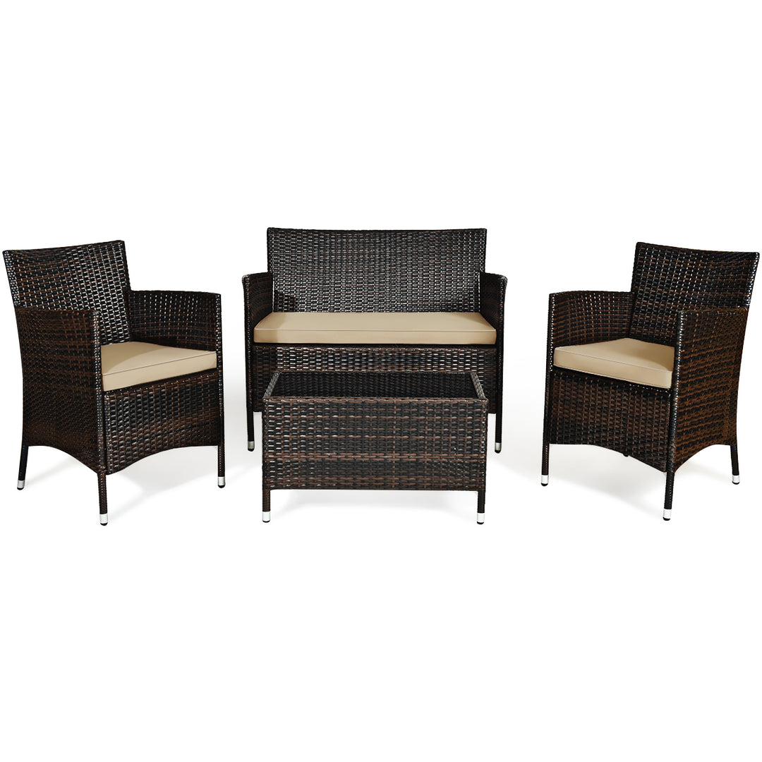 4PCS Rattan Patio Furniture Set Sofa Chair Coffee Table w/Cushion Outdoor Image 2