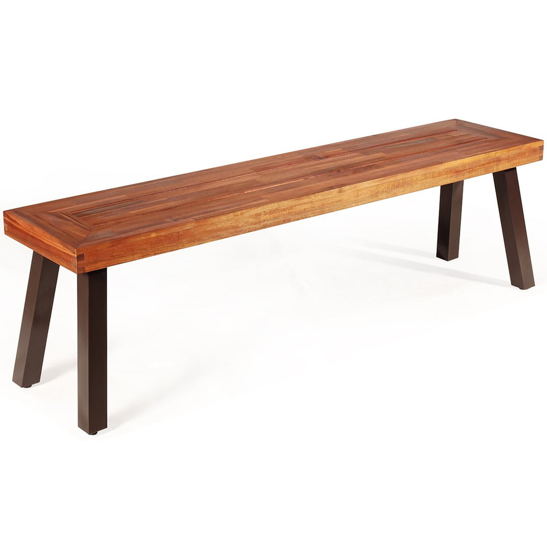 Patio Acacia Wood Dining Bench Seat with Rustic Steel Legs for Outdoor Indoor Image 2