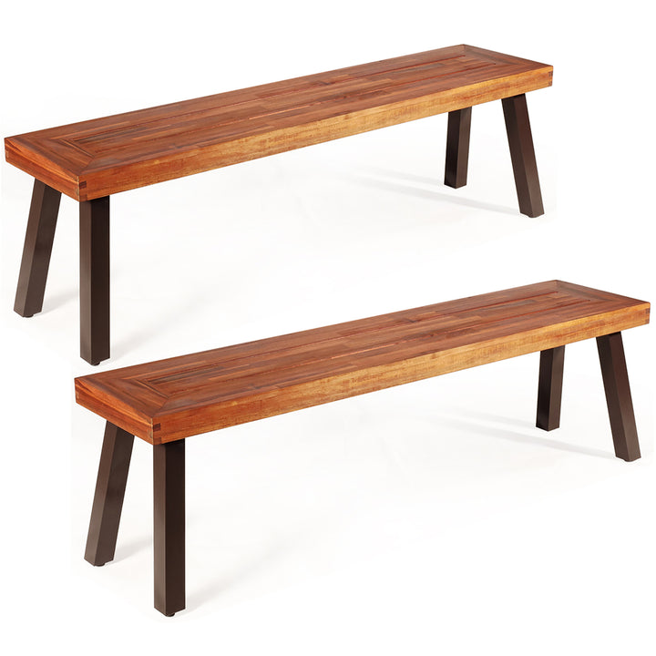 Set of 2 Patio Acacia Wood Dining Bench with Rustic Steel Legs Outdoor Indoor Image 2