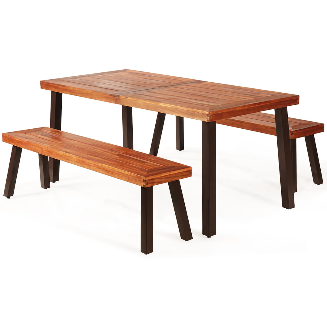 3 Pieces Picnic Table Set Acacia Wood Table Bench with Steel Legs Outdoor Patio Image 2