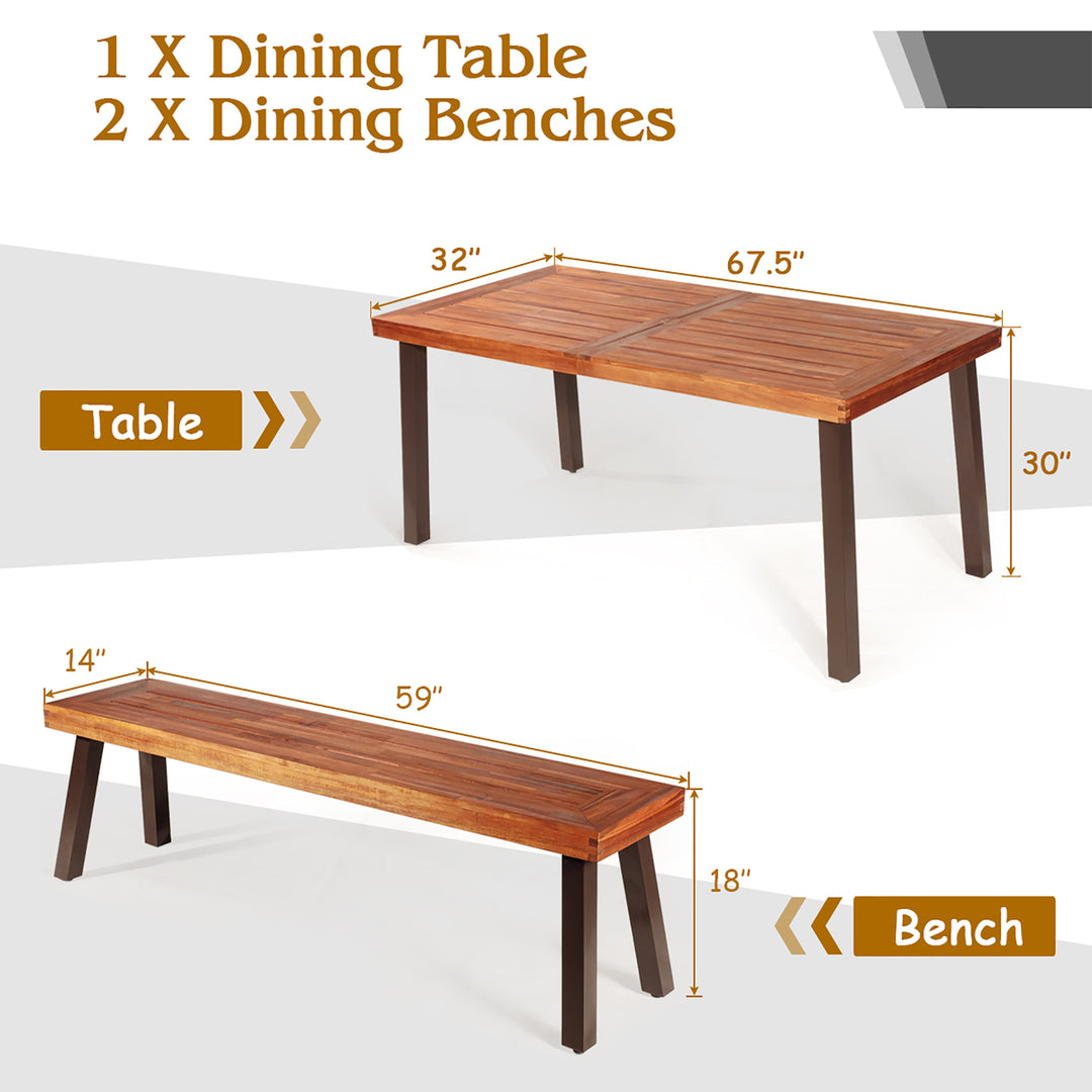 3 Pieces Picnic Table Set Acacia Wood Table Bench with Steel Legs Outdoor Patio Image 3