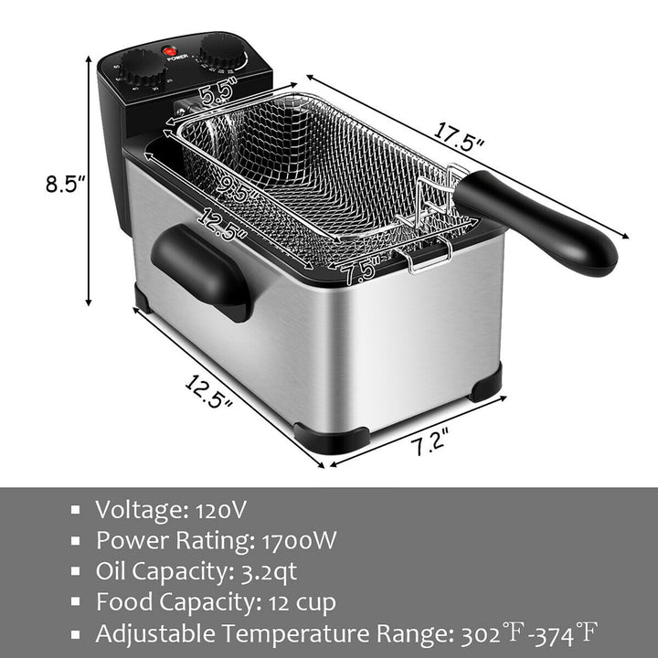 3.2 Quart Electric Deep Fryer 1700W Stainless Steel Timer Frying Basket Image 3