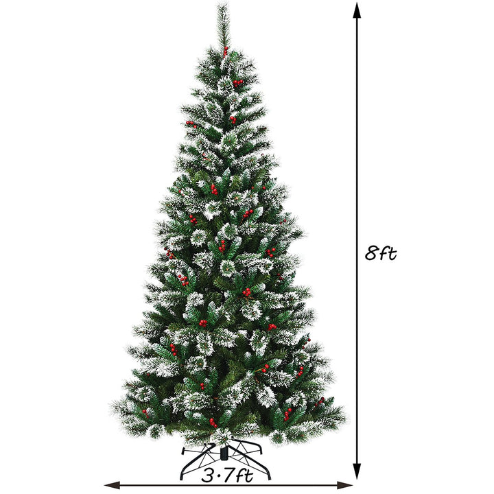 8 ft Snow Flocked Artificial Christmas Hinged Tree w/ Pine Needles and Red Berries Image 4