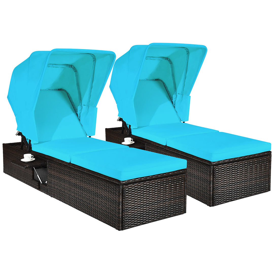 2PCS Patio Rattan Lounge Chair Chaise Cushioned Top Canopy Adjustable Turquoise Image 2